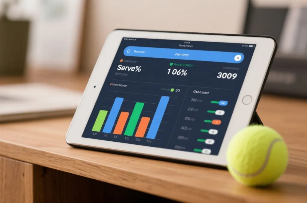 平板电脑上显示的网球赛事即时数据图表,包含发球成功率、破发点等滚球分析面板